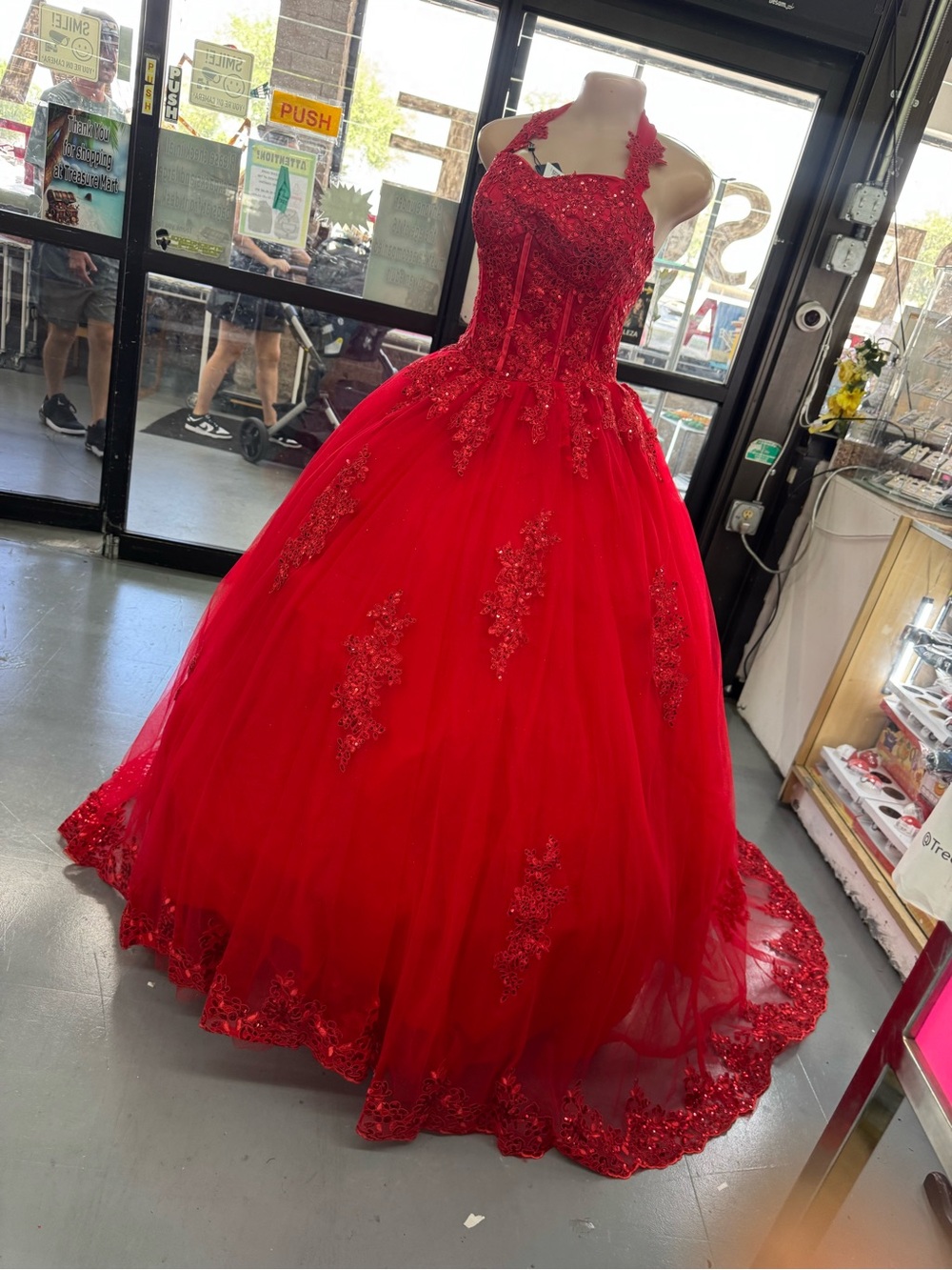 Girls' Red Halter Ball Gown Dress with Lace Appliqué